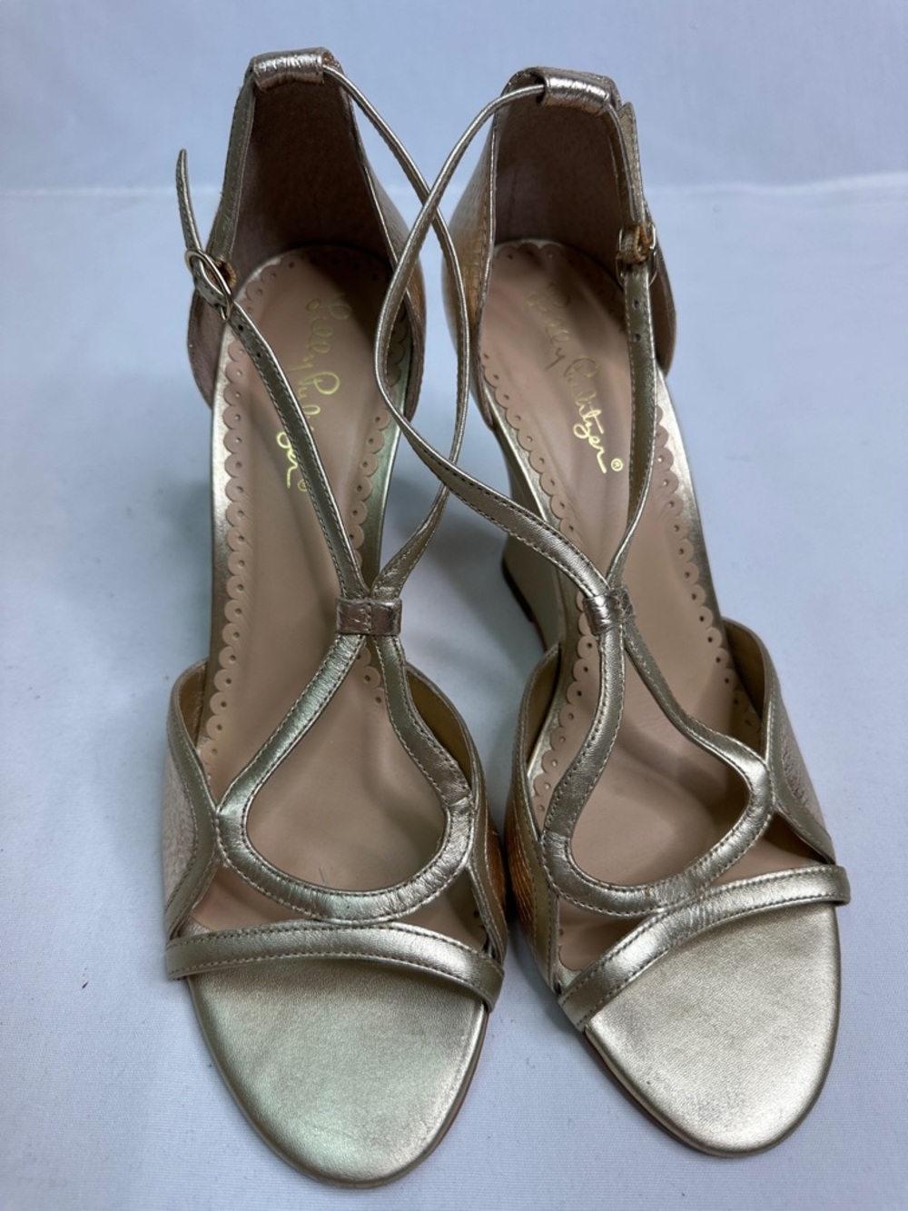 Lilly Pulitzer Metallic Gold T-Strap Wedge Sandals